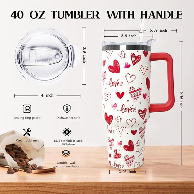 Ceovfoi Love Tumbler 40 Oz Valentine Heart Tumbler With Handle,Valentine's Day Coffee Travel Mug Cup Water Bottle,Heart Decor,Valentine's Gifts for Wife Girlfriend Bride - Bloomnest