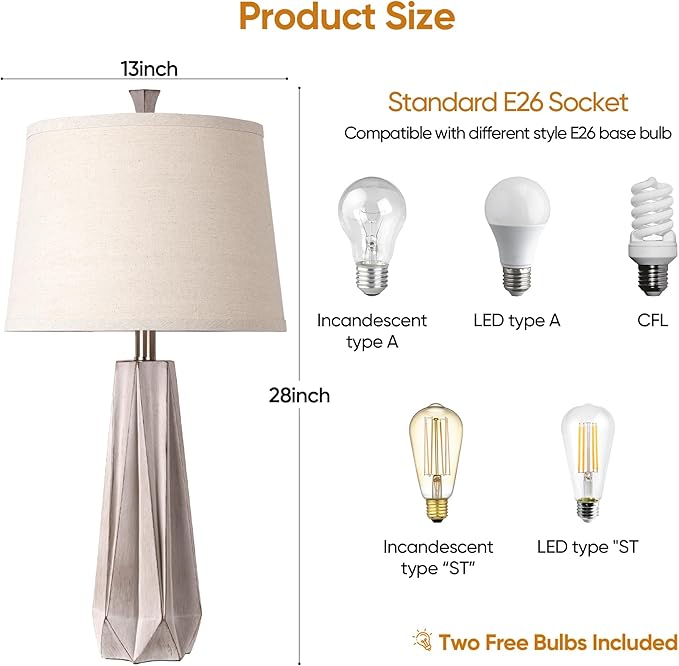 WIHTU 3 Color Temperature Table Lamps Set of 2, Beside Lamp with Linen Shade, 27'' Light Wood Color Modern Table Lamp for Living Room, Resin Desk Lamp for Nightstands Bedroom Decor (2 Bulbs Included) - Bloomnest