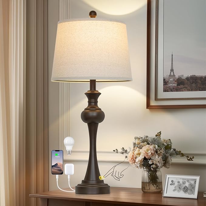 29" Tall Brown Table Lamp, 3-Way Dimmable Touch Control Bedside Lamp with USB A+C & AC Outlet for Bedroom, Living Room (1 Pack) - Bloomnest