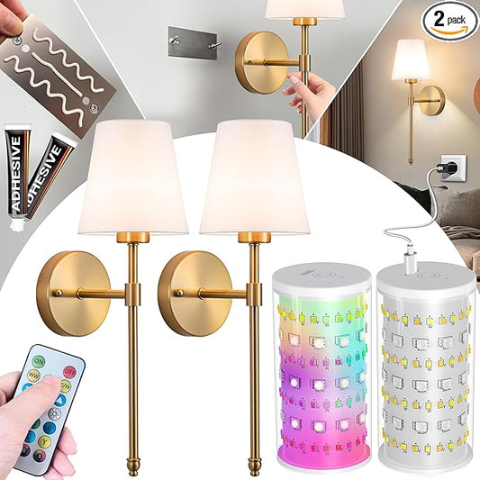 Battery Operated Wall Sconce: Peel and Stick Adhesives Stick On Non Drill Wall Light, Rechargeable Wireless Wall Lamp with Battery Corn Bulb for Bedroom Wall Decor (Gold,20inch) - Bloomnest