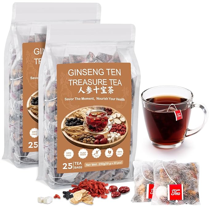 Ginseng Ten Treasure Tea, Natural Chinese Herbal Kidney Cleanse Detox Tea Support Liver & Kidneys Health for Men Women, No Additives, Caffeine Free, 10 Premium Ingredients Blend（50 Bags/2 Pack) - Bloomnest