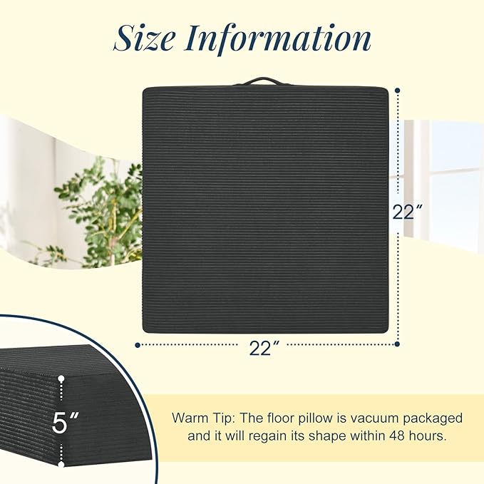 Wellsin Solid Square Floor Pillows for Adults Kids - Large Meditation Floor Pillow Seating Cushion with Thick Foam & Washable Velvet Cover, 1 Pack, 22x22x5 Inch, Gray - Bloomnest
