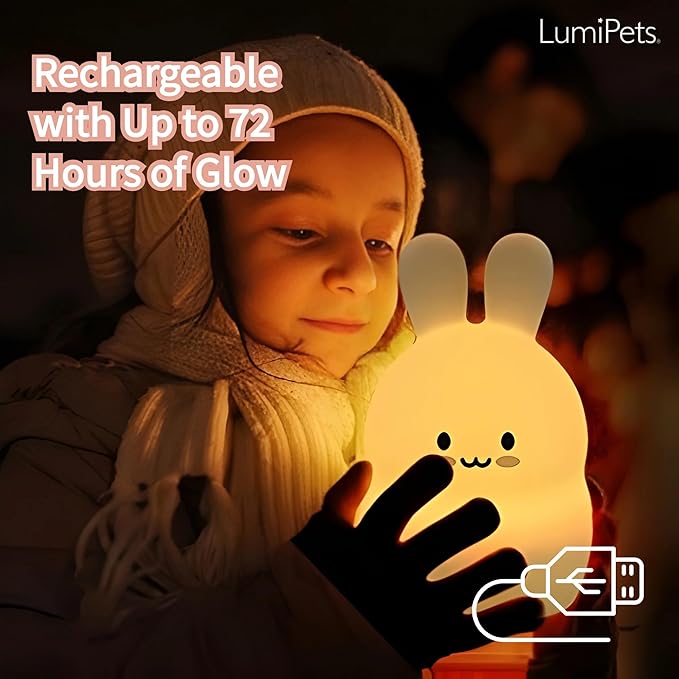 Lumipets Baxter The Bunny Squishy Night Light for Kids | Silicone Lamp with Tap & Remote Control | Rechargeable Color Changing Animal Night Light for Boys & Girls | Portable Nightlight with USB Cord - Bloomnest