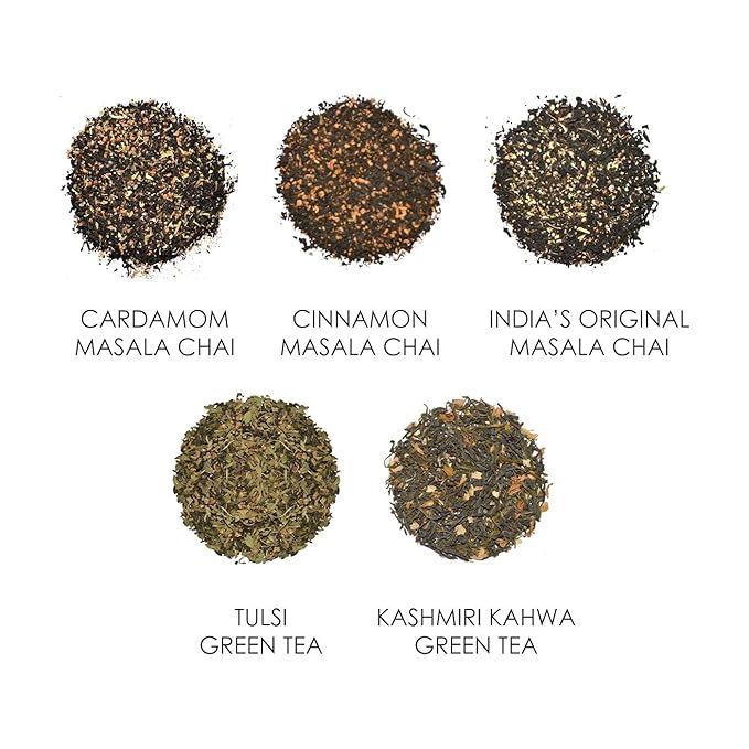 Octavius Assorted 5 Loose Leaf Tea Samplers | Indian Masala, Cardamom, Cinnamon, Kashmiri Kahwa, Tulsi Green Tea | Perfect For tea & Green Lovers | 25 cups (5 packs of 10gm each) | Mothers Day Gift - Bloomnest