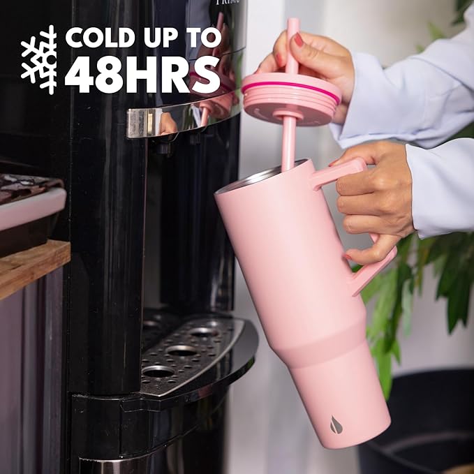Elemental 40 oz Tumbler with Handle and Straw - Spill Proof Insulated Stainless Steel Commuter for Hot and Cold Beverages - Travel Coffee Mug with 2 Straws & Spill Proof Lid - 40oz - Rose - Bloomnest