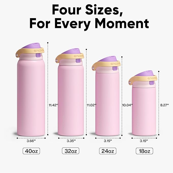 ENCOOL Leakproof Insulated Water Bottle with Straw Dual-Sip Water Bottle Bag-Safe Design for Work, Commute & Gym – Keeps Drinks Cold All Day, 24 oz, Peach Purple ENCOOL