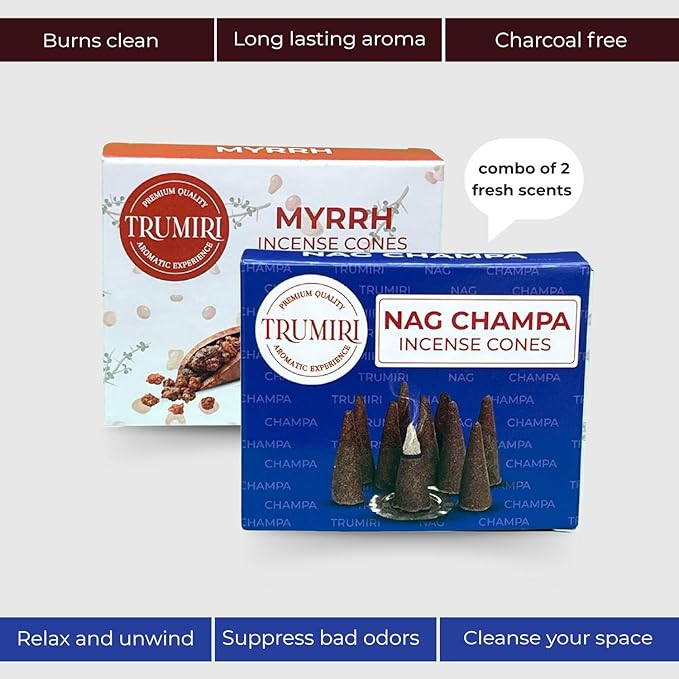 TRUMIRI Incense Cones - Combo Pack of 20 Cone Incense - 10 Myrrh + 10 Nag Champa - Insence Cones - Incense Cones Scented - Cone Incense Scents - Insense Cones - Incent Cone TRUMIRI