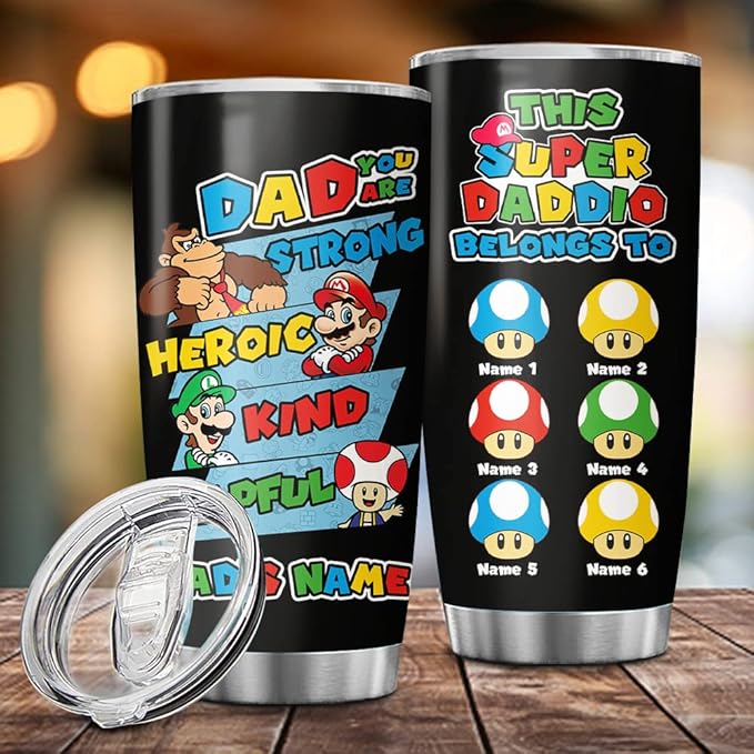Custom Super Daddio Dad You Are Personalized Tumbler Cup Father's Day Gift, Gift For Dad, Father, Papa, Grandpa 20oz Insulated Coffee/Tea Tumbler with Lid - Bloomnest