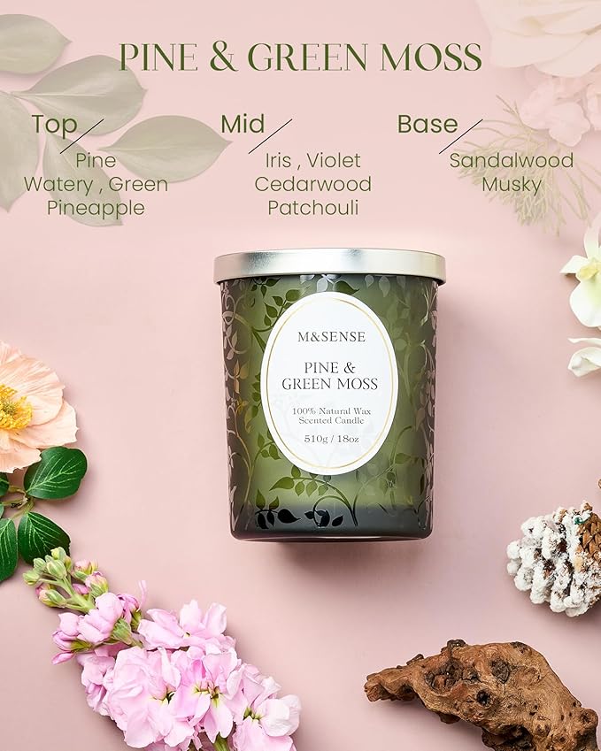 M&SENSE Pine & Moss Scented Candles, Natural Soy Wax 18oz 100 Hours Long Lasting Slow Burn, Cracking Wooden Wick Aromatherapy Candle for Women, Winter Holiday Christmas Gifts - Bloomnest