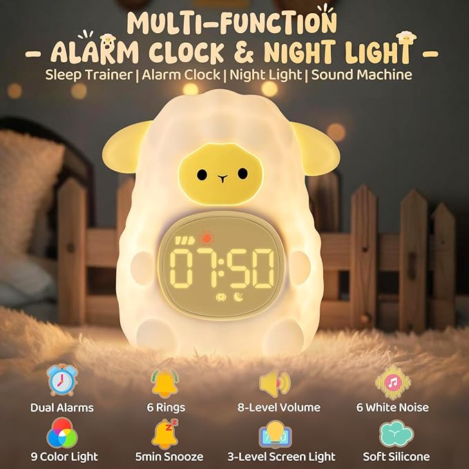 Sheep Alarm Clock with Night Light for Kids with Sleep Training and Sound Machine, Rechargeable Silicone Lamp OK to Wake Clock，Cute Animal Tabletop Lamp, Perfect Sleep Companion for Boys Girls - Bloomnest