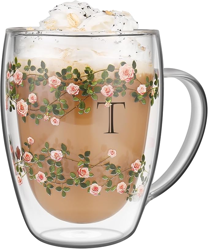 Initial Glass Cup for Women, 12oz Rose Double Walled Glass Coffee Mugs, Personalized Gifts for Women, Initial Coffee Tea Mug with Scarf, Birthday Gifts for Her Mom Friends (ROSE-T) - Bloomnest