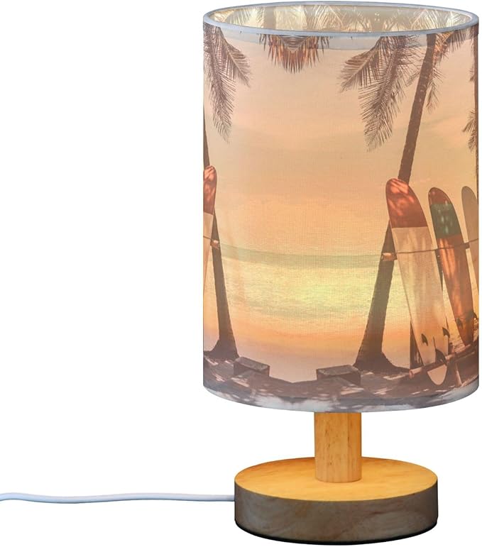 Table Lamp Surfboard Palm Tree on Tropical Beach Retro Summer Ocean Nightstand Lamp with Wood Base Fabric Lamp Shade Bedside Desk Lamp for Living Room Bedroom Kids Room Office - Bloomnest