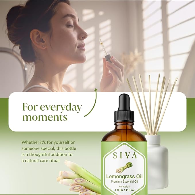Siva Lemongrass Essential Oil - 4 Fl Oz – 100% Natural Lemongrass Oil - for Diffuser, Face, Skin Care, Aromatherapy, Hair Care, Scalp and Body Massage - with Dropper - Bloomnest