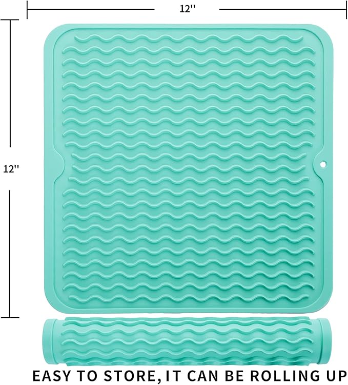 Silicone Dish Drying Mat for Multiple Usage,Easy clean,Eco-friendly,Heat-resistant Silicone Mat for Kitchen Counter or Sink,Refrigerator or Drawer liner Mint M 12 inches x 12 inches - Bloomnest