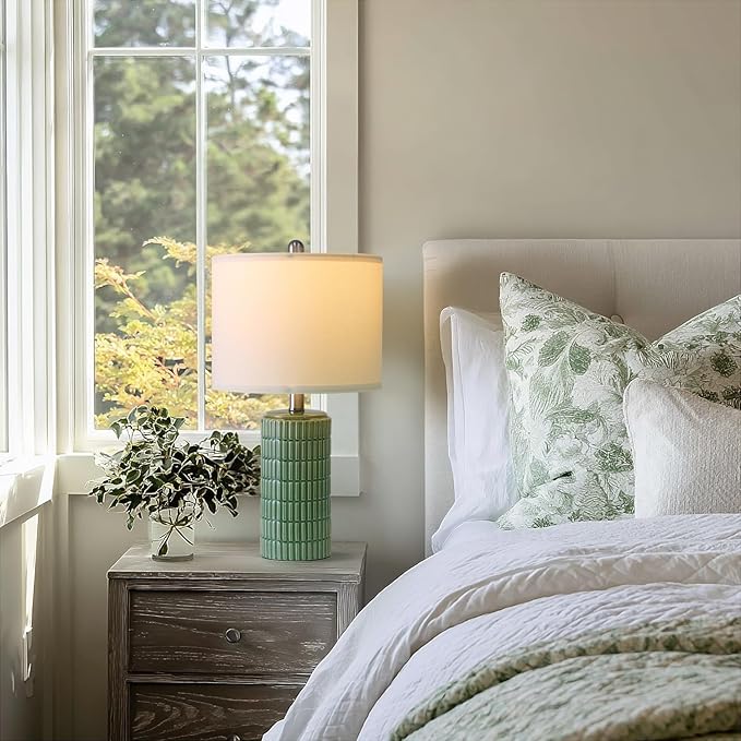 PoKat 20.75" Small Modern Ceramic Table Lamps Set of 2 for Bedroom, Green Bedside Lamps for Night Stands, Farmhouse House Decor Nightstand Table Lamps for Living Room End Table Green - Bloomnest