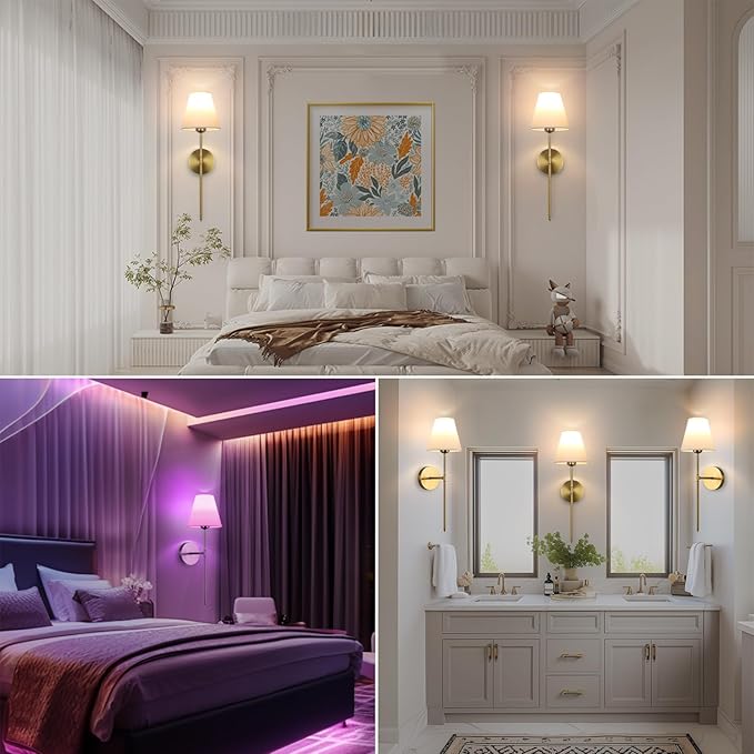 Battery Operated Wall Sconce Set of 2, 15 Colors Wireless Wall Light With Dimmable Remote Control Last 18-50 Hours, Gold Rechargeable Wall Lamp With White Fabric Shade For Living Room Bedroom Hallway - Bloomnest