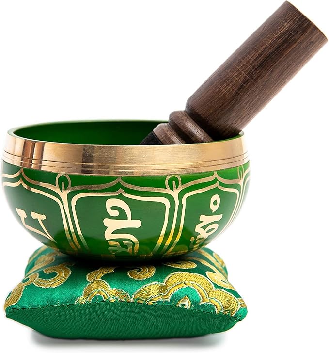 Tibetan Singing Bowl Set - Authentic Handcrafted Mindfulness Meditation Holistic Sound 7 Chakra Healing by Himalayan Bazaar (Emerald) - Bloomnest