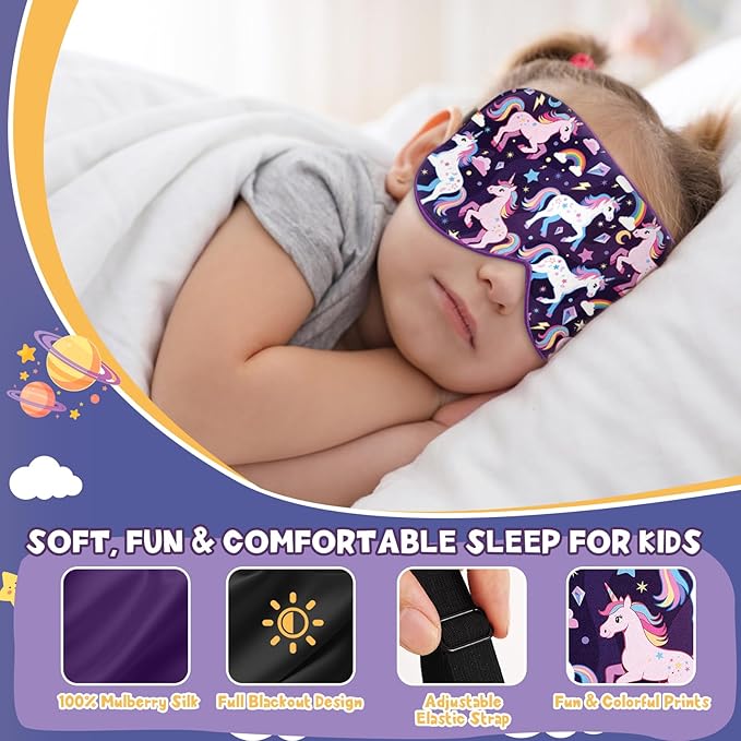 Silk Kids Sleep Mask: 100% Mulberry Silk Eye Mask, Sleeping Masks with Adjustable Strap, Soft & Light-Blocking Printed Kid Eye Cover for Boys Girls Teens Aged 5-15 (Horse Theme) - Bloomnest
