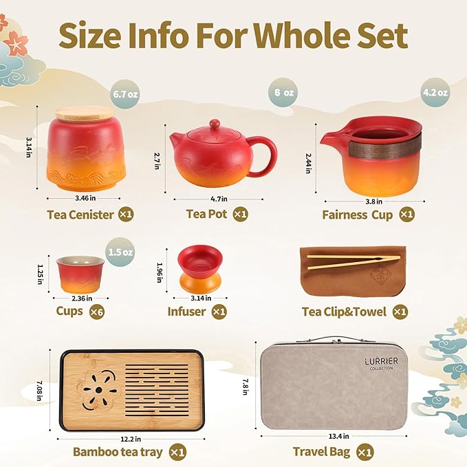 LURRIER Gongfu tea sets, Portable Ceramic TeaSet, Asian Tea sets for adult, Tea Gift sets, Grey leather case, Portable Travel Bag,Home,Gifting,Outdoor and Office(XRed and Orange) - Bloomnest