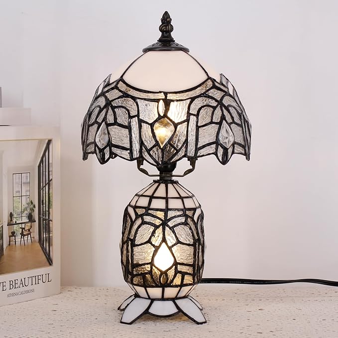Small Tiffany Lamp Stained Glass Table Lamp Mini Mother Daughter Vase Desk Accent Light for Bedroom Bedside Reading Home Antique Style Decor 8X14 Inches (White) - Bloomnest