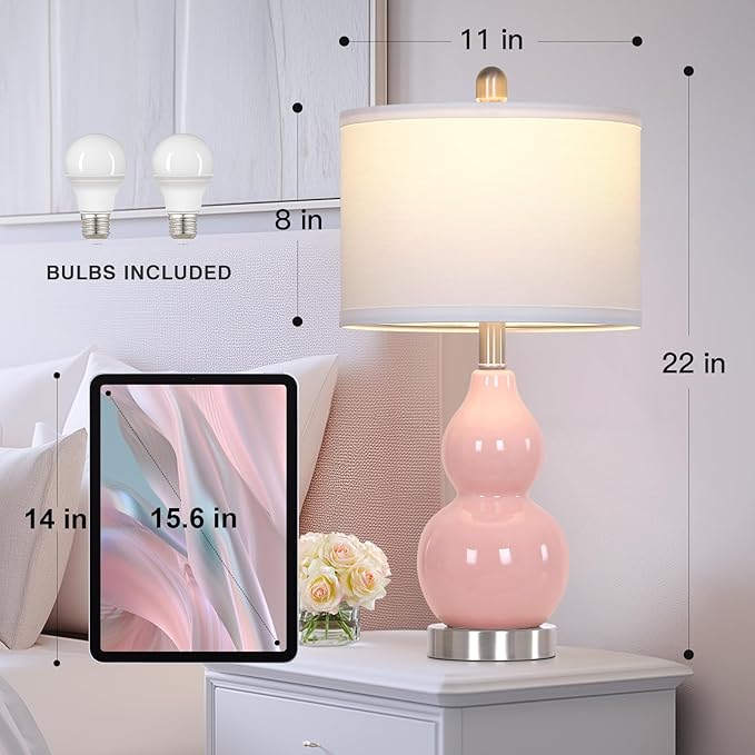 Double Gourd Ceramic Table Lamps Set of 2, Modern Pink Bedside Lamps for Night Stand, Contemporary Nightstand Lamps for Bedroom Living Room (Bulb Included) - Bloomnest