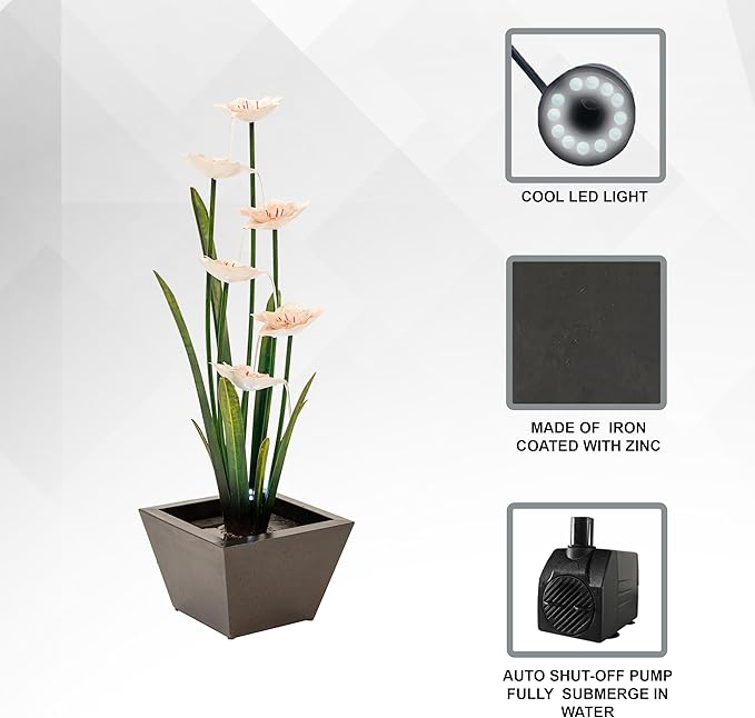 XBrand Freestanding Sculptural Metal Multi-Tiered Flower Water Fountain, w/LED Lights, Multicolored, 39" Tall