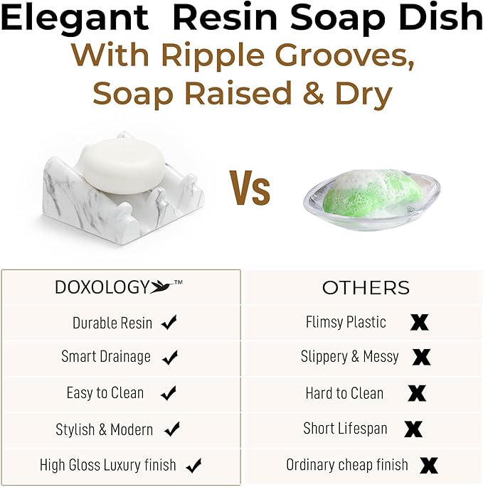 DOXOLOGY White Marble Soap Dish Bathroom Organizer - Resin Soap Dish with Rectangular Design 3.7" L x 2.8" W - Self Draining Soap Dishes Keeps Countertop Neat - Marble Look Soap Tray for Sink - Bloomnest