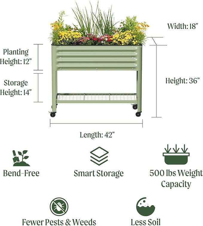 Rolling Elevated Raised Garden Bed - Slim Series, 1.5' x 3.5' Outdoor Planters Boxes with Legs & Storage Rack for Patio, 500 Lbs Weight Capacity, Raised Beds for Gardening Herbs Flowers, Olive Green - Bloomnest