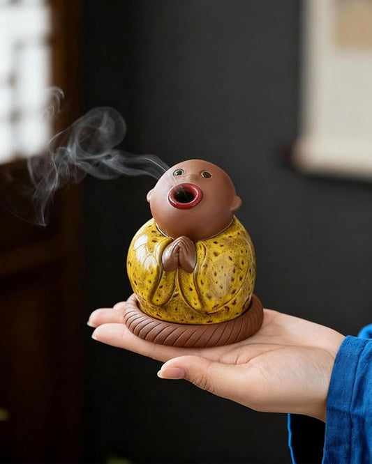 Ceramic Little Monk Incense Burner for Cones & Sticks, Cute Buddha Incense Holder with Mouth Smoke Effect, Zen Home Decor Meditation Gifts - Bloomnest