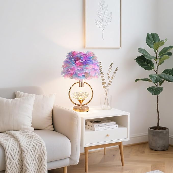 Colorful Feather Lamp Unique Feather Bedside Nightstand Light Goose Furry Desk Lamp Romantic Atmosphere Table Lamp for Girl Bedroom Wedding Decor Living Room Hotel 17IN - Bloomnest