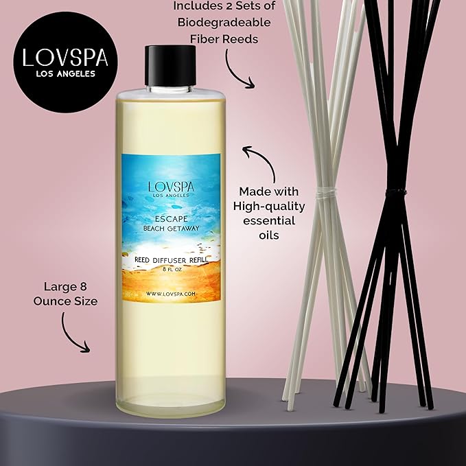 LOVSPA Escape Beach Getaway Diffuser Oil - Essential Oils for Diffuser Refill & Air Freshener Room Spray - Long-Lasting & Natural Home Fragrance, Scented Oil for Diffusers, USA Made, 8 oz - Bloomnest