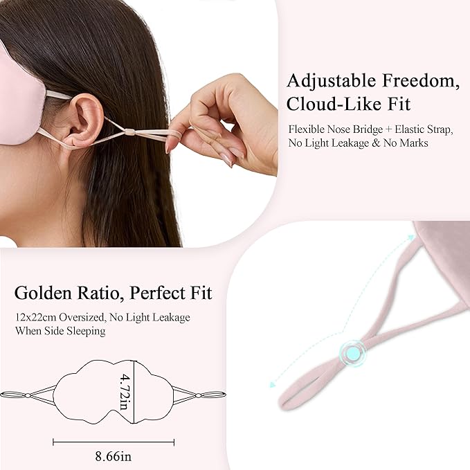 Pink Mulberry Silk Sleep Eye Mask for Men Women, Cloud-Shaped Lightweight Adjustable Hanging-Ear Design (8 Inches), Total Blackout Ready-to-Gift Set for Travel Nap by Timeless Artworks