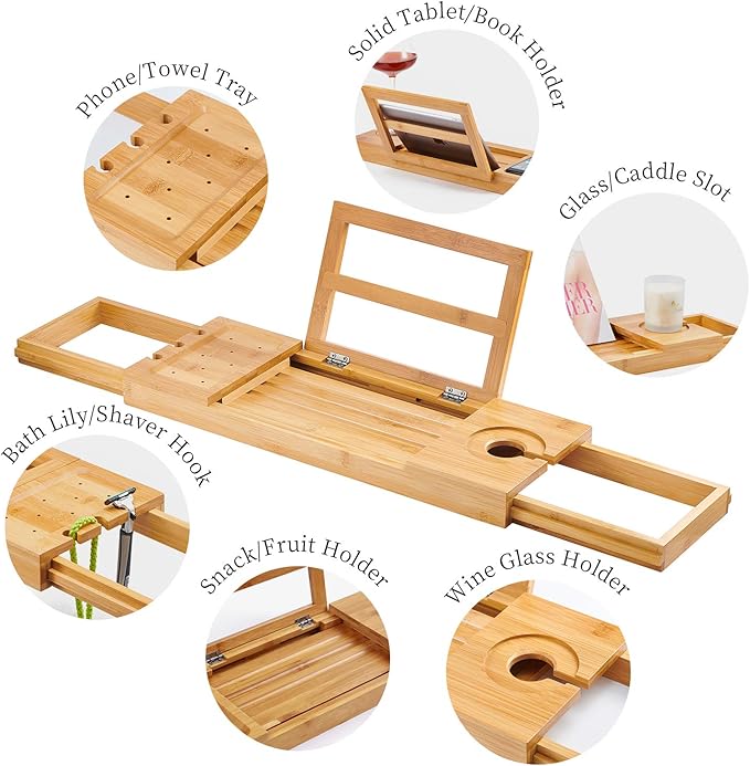 Utoplike Bamboo Bathtub Caddy Tray Bath Tray for Tub, Adjustable Bathroom Bathtub Organizer with Book Tablet Wine Glass Cup Towel Holder - Bloomnest