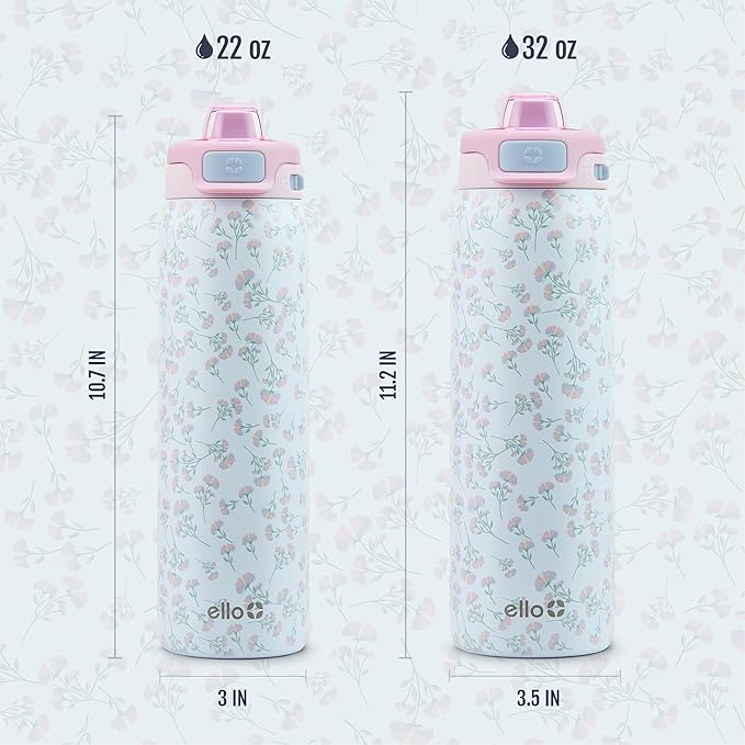 Ello Pop & Fill Insulated Stainless Steel Water Bottle with Quick Fill Lid, Leakproof Locking, Sip or Chug Spout, BPA-Free, Double Wall Vacuum Insulated for Sports, Travel & School- 22oz / 32oz / 40oz Ello