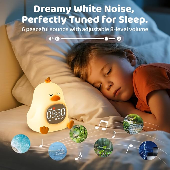 Sleepy Duck Alarm Clock with Night Light for Kids with Sleep Training and Sound Machine, Rechargeable Silicone Lamp OK to Wake Clock，Cute Animal Tabletop Lamp, Perfect Sleep Companion for Boys Girls - Bloomnest