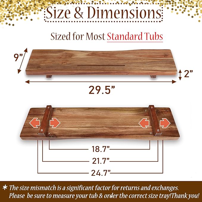 Premium Acacia Wood Bathtub Tray Caddy with Adjustable Legs, Minimalistic Design Bath Tray for Tub, Bathtub Accessories, Fit Standard and Against Wall Bath Tubs, Gift Idea for Women - Bloomnest