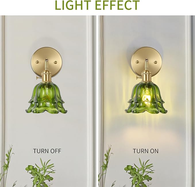 Vintage Wall Sconces Set of 2, Rose Green Lampshade & 180 Degree Adjustable, Brass Wall Lights, for Bedroom Living Room Hallway Aisle, Bulbs Not Included, ETL Listed - Bloomnest