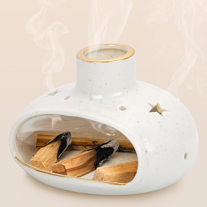 ZenBless 3 in 1 Incense Holder for Palo Santo Sticks Sage Incense, Handcrafted Ceramic Incense Burner Holder Ash Catcher with Chimney, Smudge Bowl for Yoga Meditation Room Home Decor ZenBless