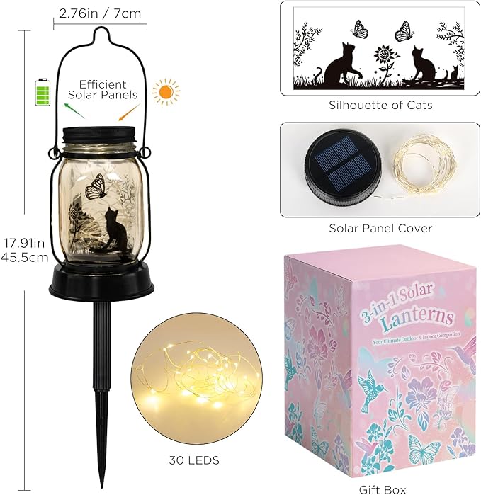 Cat Solar Lanterns Cat Gifts for Women Men Cat Lovers Gifts Hanging Cat Lanterns with Stake for Yard Lawn Garden Decor Black Cat Lantern Torches - Bloomnest