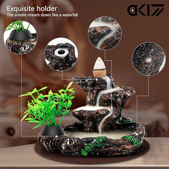 DK177 Incense Holder Waterfall Incense Burner Ceramic Backflow Zen Incense Fountain Machine Diffuser Burner Cone Holder for Spiritual Aromatherapy Gifts Set Home Decor with 20 Cones