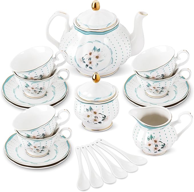 fanquare 21 Pieces Royal Style Porcelain Tea Set with Gold Trim, Vintage White Camellia Polka Dots Tea Sets, 6 Teacup and Saucers for Party Home Wedding - Bloomnest