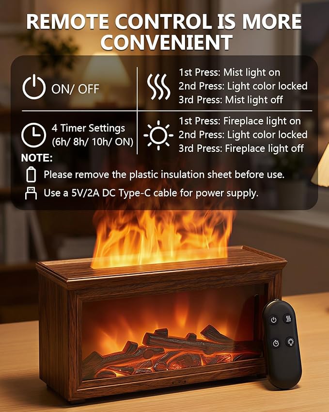 Essential Oil Diffuser, 7-Color Fireplace Fire Flame Aromatherapy Humidifier, 280ml Ultrasonic Aroma Diffuser Valentine's Day Gift with Time Sets and Remote Control for Bedroom Home Yoga Office - Bloomnest