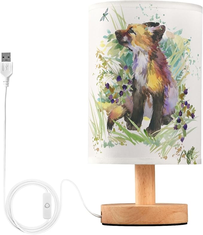 Table Lamp Fox Animal Dragonfly Frog in Floral Grass Woodland Nightstand Lamp with Wood Base Fabric Lamp Shade Bedside Desk Lamp for Living Room Bedroom Kids Room Office - Bloomnest