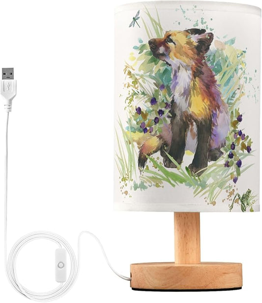 Table Lamp Fox Animal Dragonfly Frog in Floral Grass Woodland Nightstand Lamp with Wood Base Fabric Lamp Shade Bedside Desk Lamp for Living Room Bedroom Kids Room Office - Bloomnest