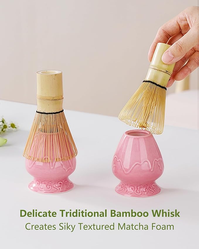ZENS Matcha Whisk Set, 6pcs Matcha Set Pink Includes 15oz Ceramic Bowl and Bamboo Whisk (Chasen Holder) Scoop, 304 Sifter & Pink Tea Mat, Japanesse Matcha Kit for Matcha Latte-Making - Bloomnest