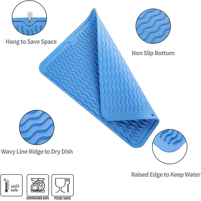 Silicone Dish Drying Mat for Multiple Usage,Easy clean,Eco-friendly,Heat-resistant Silicone Mat for Kitchen Counter or Sink,Refrigerator or Drawer liner Lichen BlueL M 12 inches x 12 inches - Bloomnest