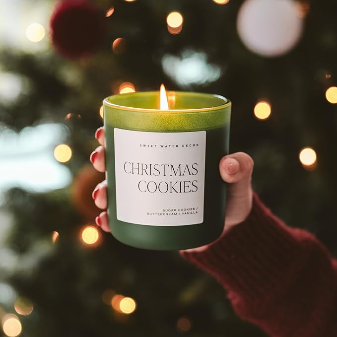 Sweet Water Decor Christmas Cookies Scented Candles - Christmas Stocking Stuffers Soy Candles Sugar Cookies Scent - Christmas Candles with 70 Hours Burn Time - 15Oz Green Matte Jar Wax Candles - Bloomnest