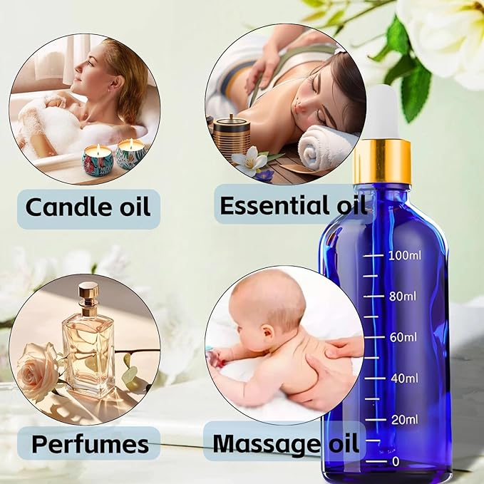 Blue Glass Dropper Bottle 3.4 oz, 2x100ml Blue Glass Eye Dropper Bottles for Essential Oils with Dropper Pipettes, Funnel, and A Plastic Measured Dropper for Diffuser, Beauty Oil Mix home