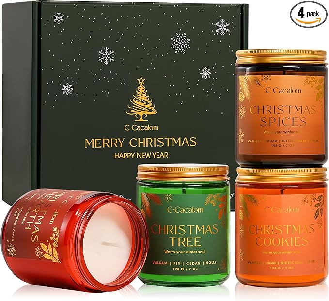 4Pack/28oz Christmas Soy Candles Gift Set Non-Toxic Aromatherapy Scented Holiday Candles for Chritmas Gifts Home Decor, Luxury Vinilla/Apple/Eucalyptus/Rose Jar Candle, Winter Candle Set for Women Men - Bloomnest