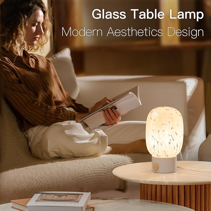 ONEWISH Table Lamp for Bedroom Nightstand,Bedside Lamp Translucent Glass Stepless Dimmable,Vintage Glass Lamp Murano Aesthetic Home Decor with Bulb for Living Room Kitchen Mother's Day - Bloomnest